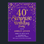 Überraschung 40. Geburtstag Party - Lila & Gold Einladung<br><div class="desc">Überraschung 40. Geburtstag Party Einladung. Elegantes Design in königlichen lila und Imitate Glitzer Gold. Features stilvolle Skript-Schriftart und Konfetti. Nachricht,  wenn du ein Alter brauchst.</div>