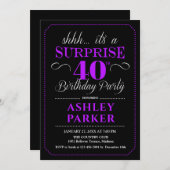 Überraschung 40. Geburtstag Party - Schwarz Lila Einladung (Vorne/Hinten)