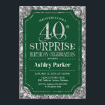 Überraschung 40. Geburtstag Party - Silbergrün Einladung<br><div class="desc">Überraschung 40. Geburtstag Feier Einladung. Elegantes Design in dunkelwaldgrün und Imitate Glitzer silberne Muster. Funktioniert mit elegantem Script-Schriftart. Nachricht,  wenn Sie weitere Anpassungen benötigen.</div>