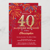 Überraschung 40. Geburtstag Red & Gold Rainbow Feu Einladung (Vorne/Hinten)