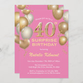 Überraschung 40. Geburtstag Rosa und Gold Ballons Einladung (Vorne/Hinten)