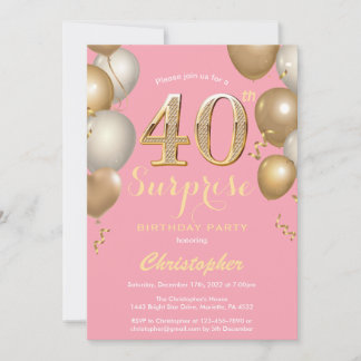 Überraschung 40. Geburtstag Rosa und Gold Ballons Einladung
