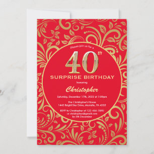 Überraschung 40. Geburtstag Rot und Gold Floral Einladung