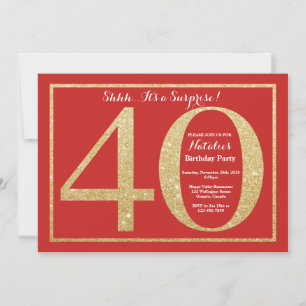 Überraschung 40. Geburtstag Rot und Gold Glitter Einladung