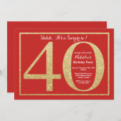 Überraschung 40. Geburtstag Rot und Gold Glitzer Einladung (Vorne/Hinten)