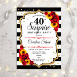 Überraschung 40. Geburtstag - Rote Rosen Sonnenblu Einladung<br><div class="desc">Überraschung 40. Geburtstag Einladung. Weibliches Design mit Imitaten Glitzer Gold. Verfügt über Sonnenblumen,  rote Rosen,  schwarz-weiße Streifen,  Skript-Schriftart und Konfetti. Ideal für eine elegante Geburtstagsfeier. Kann personalisiert sein,  jedes Alter zu zeigen. Nachricht,  wenn Sie weitere Anpassungen benötigen.</div>