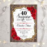 Überraschung 40. Geburtstag - Rustikale Rote Rosen Einladung<br><div class="desc">Überraschung 40. Geburtstag Einladung. Weibliches rustikales Design mit Imitaten Glitzer Gold. Enthält Holzmuster,  rote Rosen,  Skript-Schriftart und Konfetti. Ideal für eine elegante Geburtstagsfeier. Kann personalisiert sein,  jedes Alter zu zeigen. Nachricht,  wenn Sie weitere Anpassungen benötigen.</div>