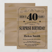 Überraschung 40. Geburtstag Rustikales Holz Einladung (Vorne/Hinten)