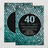 Überraschung 40. Geburtstag Schwarz und Aquamarine Einladung (Vorne/Hinten)