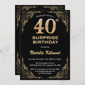 Überraschung 40. Geburtstag Schwarz und Gold Glitz Einladung (Vorne/Hinten)