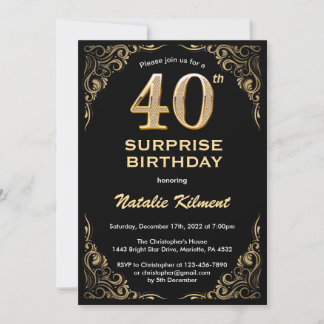 Überraschung 40. Geburtstag Schwarz und Gold Glitz Einladung