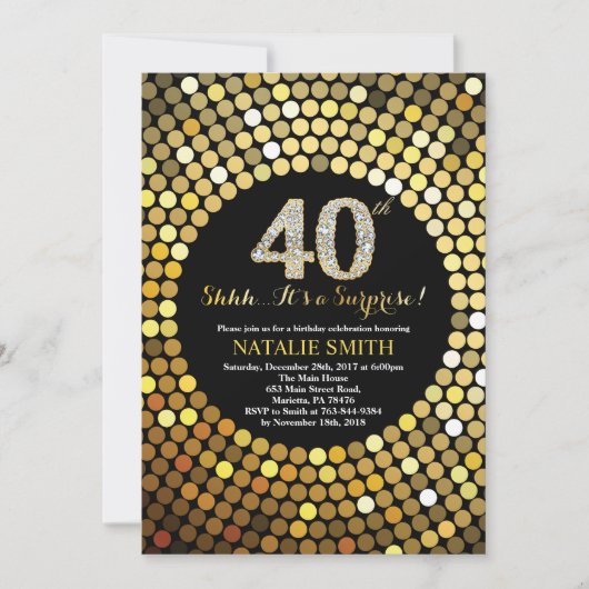 Überraschung 40. Geburtstag Schwarz und Gold Glitz Einladung (Vorderseite)