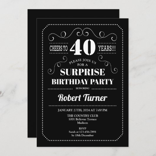 Überraschung 40. Geburtstag - Schwarz-weiß Einladung (Vorne/Hinten)
