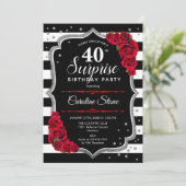 Überraschung 40. Geburtstag - Schwarz-weiß Red Einladung (Stehend Vorderseite)