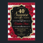 Überraschung 40. Geburtstag - Schwarz-weiß Red Einladung<br><div class="desc">Überraschung 40. Geburtstag Einladung. Weibliches Schwarz,  Weiß,  Rot-Design mit Imitaten Glitzer Gold. Enthält bordeauxfarbene und weiße Streifen,  rote Rosen,  Skript-Schriftart und Konfetti. Ideal für eine elegante Geburtstagsfeier. Kann personalisiert sein,  jedes Alter zu zeigen. Nachricht,  wenn Sie weitere Anpassungen benötigen.</div>