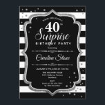 Überraschung 40. Geburtstag - Schwarz-weißes Silbe Einladung<br><div class="desc">Überraschung 40. Geburtstag Einladung. Klassisches Design mit schwarz-weiß Streifen,  Script-Schriftart und Glitzer Silber. Ideal für eine elegante Geburtstagsfeier. Kann personalisiert sein,  jedes Alter zu zeigen. Nachricht,  wenn Sie weitere Anpassungen benötigen.</div>