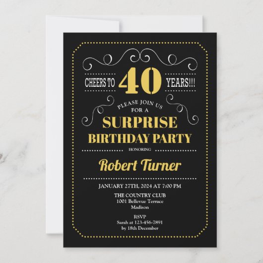 Überraschung 40. Geburtstag - Schwarzes Gold Einladung (Vorderseite)