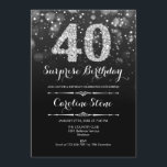 Überraschung 40. Geburtstag - Schwarzes Silber Einladung<br><div class="desc">Überraschung 40. Geburtstag Einladung. Elegantes Schwarz-weißes Design mit Imitaten Glitzer Silber. Erwachsener Geburtstag. Mit Diamanten und Drehbuch Schriftart. Männer oder Frauen laden ein. Ideal für eine stilvolle Geburtstagsfeier. Nachricht,  wenn Sie weitere Anpassungen benötigen.</div>