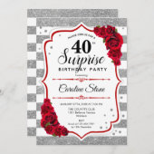 Überraschung 40. Geburtstag - Silver White Red Einladung (Vorne/Hinten)