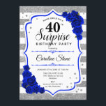 Überraschung 40. Geburtstag - Silver White Royal B Einladung<br><div class="desc">Überraschung 40. Geburtstag Einladung. Weiblich,  königsblau mit Imitaten Glitzer Silber. Enthält Streifen,  Rose,  Skript-Schriftart und Konfetti. Ideal für eine elegante Geburtstagsfeier. Kann personalisiert sein,  jedes Alter zu zeigen. Nachricht,  wenn Sie weitere Anpassungen benötigen.</div>
