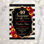 Überraschung 40. Geburtstag - Sonnenblumen Rote Ro Einladung<br><div class="desc">Überraschung 40. Geburtstag Einladung. Weibliches Schwarz,  Weiß und Rot-Design mit Imitaten Glitzer Gold. Enthält Streifen,  Sonnenblumen,  Skript-Schriftart und Konfetti. Ideal für eine elegante Geburtstagsfeier. Kann personalisiert sein,  jedes Alter zu zeigen. Nachricht,  wenn Sie weitere Anpassungen benötigen.</div>
