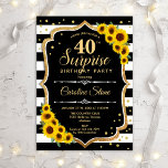 Überraschung 40. Geburtstag - Sonnenblumen Schwarz Einladung<br><div class="desc">Überraschung 40. Geburtstag Einladung. Weibliches Schwarz-Weiß-Design mit Imitaten Glitzer Gold. Enthält Streifen,  Sonnenblumen,  Skript-Schriftart und Konfetti. Ideal für eine elegante Geburtstagsfeier. Kann personalisiert sein,  jedes Alter zu zeigen. Nachricht,  wenn Sie weitere Anpassungen benötigen.</div>