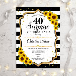 Überraschung 40. Geburtstag - Sonnenblumen Schwarz Einladung<br><div class="desc">Überraschung 40. Geburtstag Einladung. Weibliches Design mit Imitaten Glitzer Gold. Verfügt über Sonnenblumen,  schwarz-weiße Streifen,  Skript-Schriftart und Konfetti. Ideal für eine elegante Geburtstagsfeier. Kann personalisiert sein,  jedes Alter zu zeigen. Nachricht,  wenn Sie weitere Anpassungen benötigen.</div>