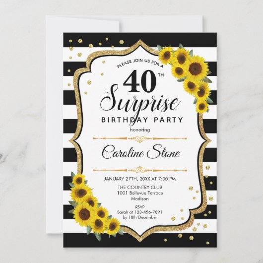 Überraschung 40. Geburtstag - Sonnenblumen Schwarz Einladung (Vorderseite)