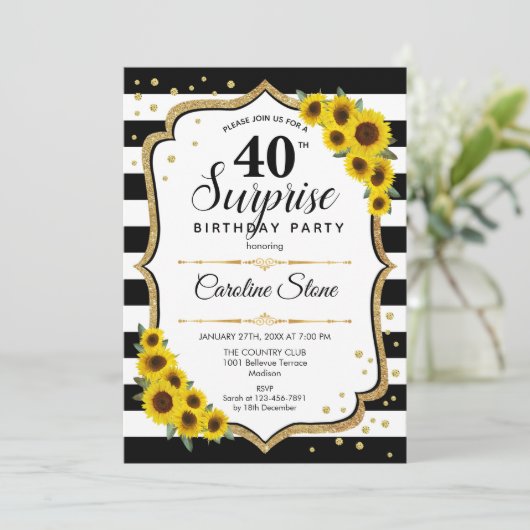 Überraschung 40. Geburtstag - Sonnenblumen Schwarz Einladung (Stehend Vorderseite)