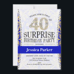 Überraschung 40. Geburtstag - White Gold Royal Blu Einladung<br><div class="desc">Überraschung 40. Geburtstagsfeier Party Einladung für Frauen. Elegante Einladungskarte in königsblau,  weiß und Imitat Glitzer Gold. Enthält Typografie-Skript-Schriftart und Diamantbriefe. Ideal für eine erwachsene Überraschungsfeier.</div>