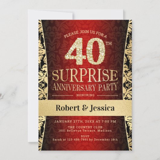 Überraschung 40-jähriges Party - Red Gold Black Einladung (Vorderseite)