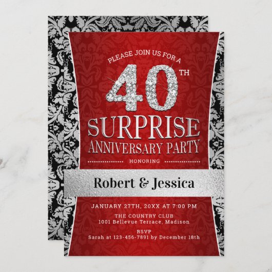 Überraschung 40-jähriges Party - Ruby Red Silver Einladung (Vorne/Hinten)