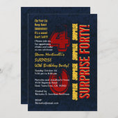 ÜBERRASCHUNG 40. Modern Birthday Red Gold Blue Einladung (Vorne/Hinten)