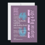 ÜBERRASCHUNG 40. Modern Geburtstag Lila Einladung<br><div class="desc">Dieses moderne Design in lila, blau und weiß ist eine elegante Art, Ihre Gäste zu einem SURPRISE 40. Geburtstag Party einzuladen. Alle Texte sind vollkommen anpassbar. Sie können die Hintergrundfarbe oder die Textfarbe für ein anderes Aussehen ändern. Obwohl dieses Design auf einem Grundpapier ist, empfehle ich das Leinenpapier, das Ihre...</div>