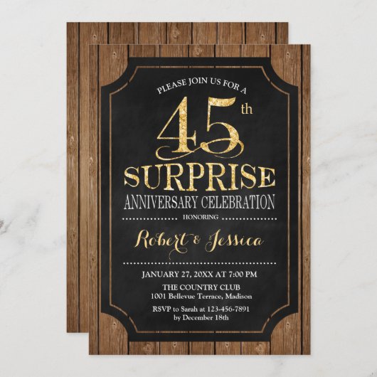 Überraschung 45. Hochzeitstag - Holz Gold Einladung (Vorne/Hinten)