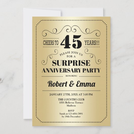 Überraschung 45-jähriges Party - Gold Black Einladung (Vorderseite)