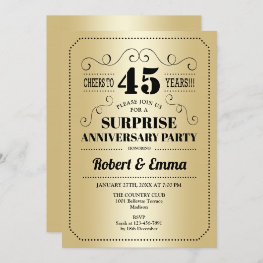 Überraschung 45-jähriges Party - Gold Black Einladung (Vorne/Hinten)
