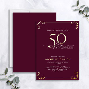 Überraschung 50 & Fabulous Burgund & Gold Geburtst Folieneinladung