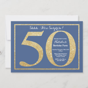 Überraschung 50. Geburtstag Blau und Gold Glitter Einladung