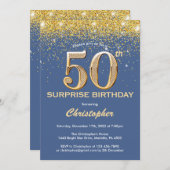 Überraschung 50. Geburtstag Blau und Gold Glitzer Einladung (Vorne/Hinten)