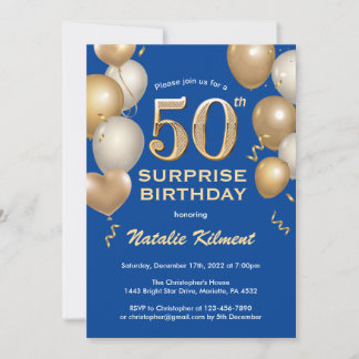 Überraschung 50. Geburtstag Blue und Gold Balloons Einladung