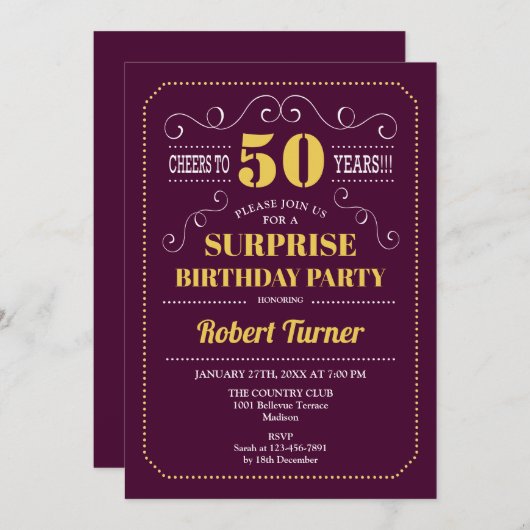 Überraschung 50. Geburtstag - Burgund Gold Einladung (Vorne/Hinten)