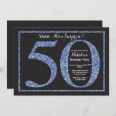 Überraschung 50. Geburtstag Einladung Blauer Glitz (Vorne/Hinten)