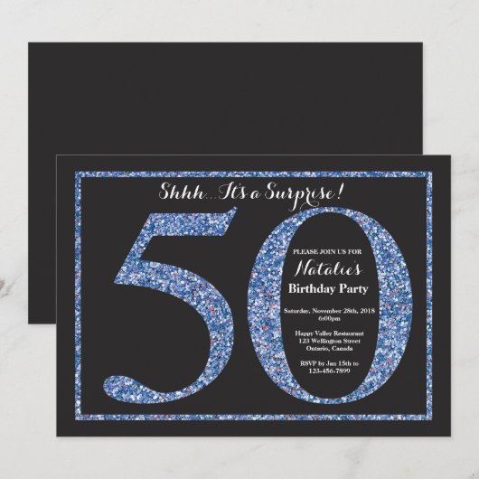 Überraschung 50. Geburtstag Einladung Blauer Glitz (Vorne/Hinten)