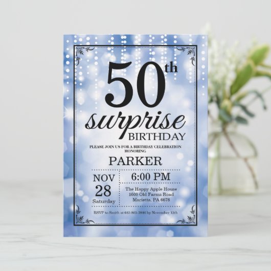 Überraschung 50. Geburtstag Einladung Blauer Glitz (Stehend Vorderseite)