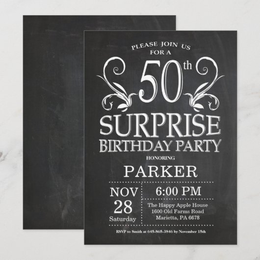 Überraschung 50. Geburtstag Einladung Chalkboard (Vorne/Hinten)