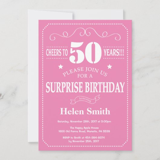 Überraschung 50. Geburtstag Einladung Rosa und Wei (Vorderseite)