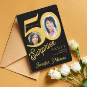 Überraschung 50. Geburtstag Gold schwarzes Foto Einladung