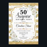 Überraschung 50. Geburtstag - Gold White Einladung<br><div class="desc">Überraschung 50. Geburtstag Einladung. Weibliches Design mit Imitaten Glitzer Gold. Features Streifen,  weiße Rosen,  Skript-Schriftart und Konfetti. Ideal für eine elegante Geburtstagsfeier. Kann personalisiert sein,  jedes Alter zu zeigen. Nachricht,  wenn Sie weitere Anpassungen benötigen.</div>