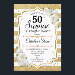 Überraschung 50. Geburtstag - Gold White Einladung<br><div class="desc">Überraschung 50. Geburtstag Einladung. Weibliches Design mit Imitaten Glitzer Gold. Features Streifen,  weiße Rosen,  Skript-Schriftart und Konfetti. Ideal für eine elegante Geburtstagsfeier. Kann personalisiert sein,  jedes Alter zu zeigen. Nachricht,  wenn Sie weitere Anpassungen benötigen.</div>